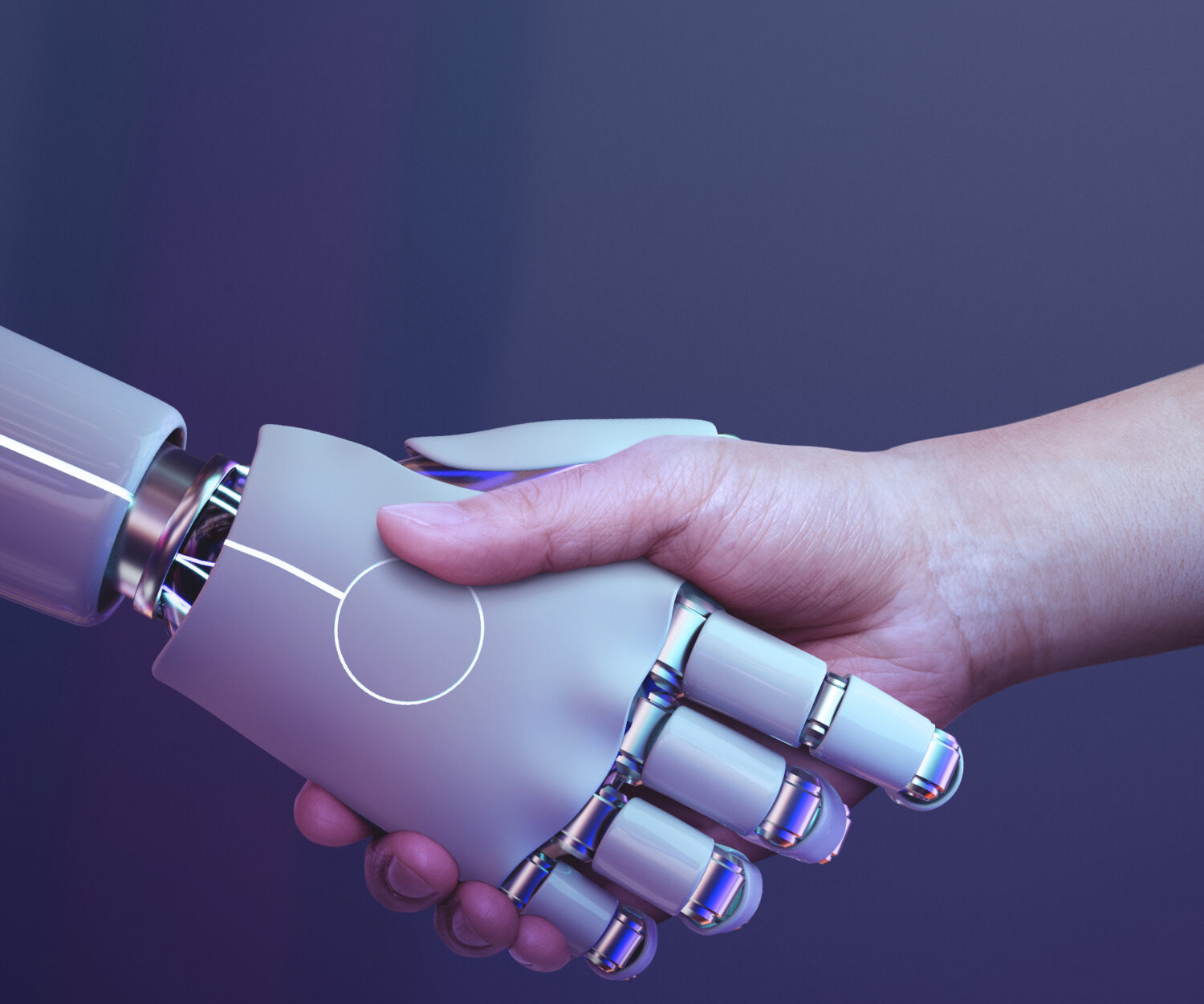 Robot handshake human background, futuristic digital age